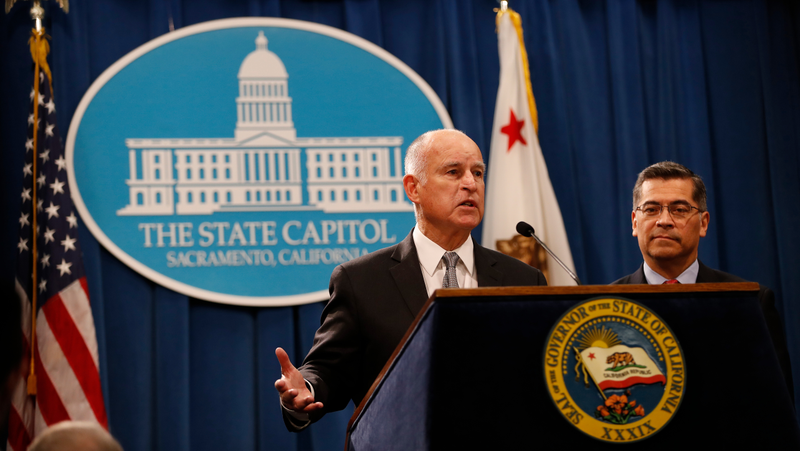 California Governor Jerry Brown speaks during a press conference at the California State Capitol on March 7, 2018 in Sacramento, California.